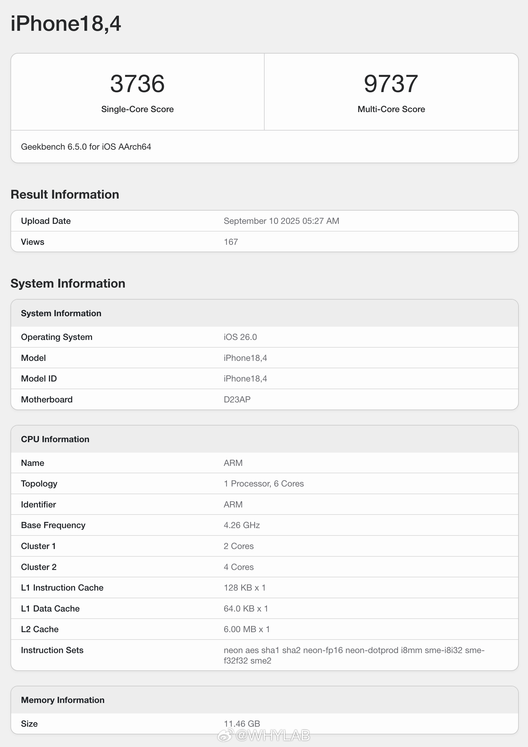 苹果 A19 Pro 芯片的 Geekbench 6 跑分来了，iPhone 1