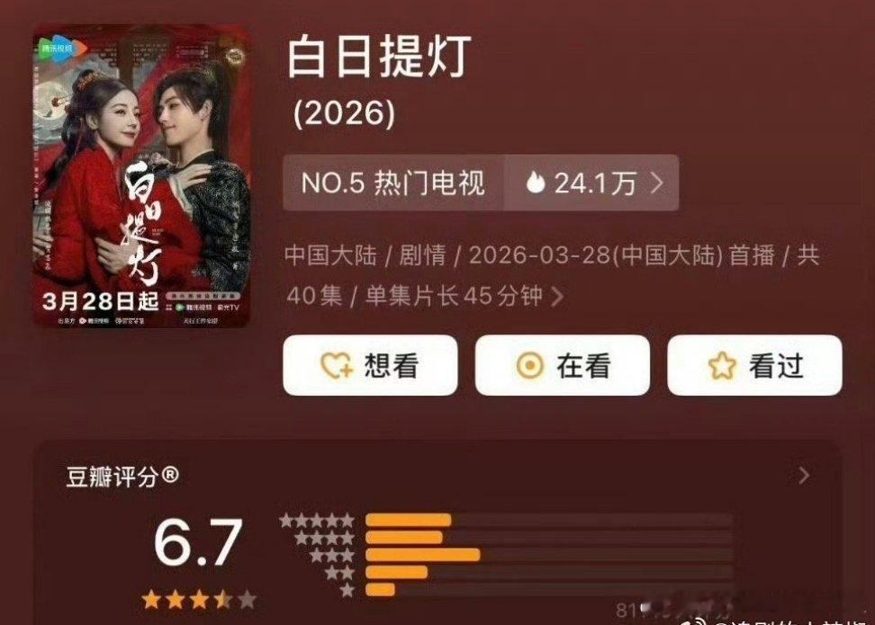 看评分人数白日提灯是近期三部古偶唯一一部被团的，但分数还是最高的。 