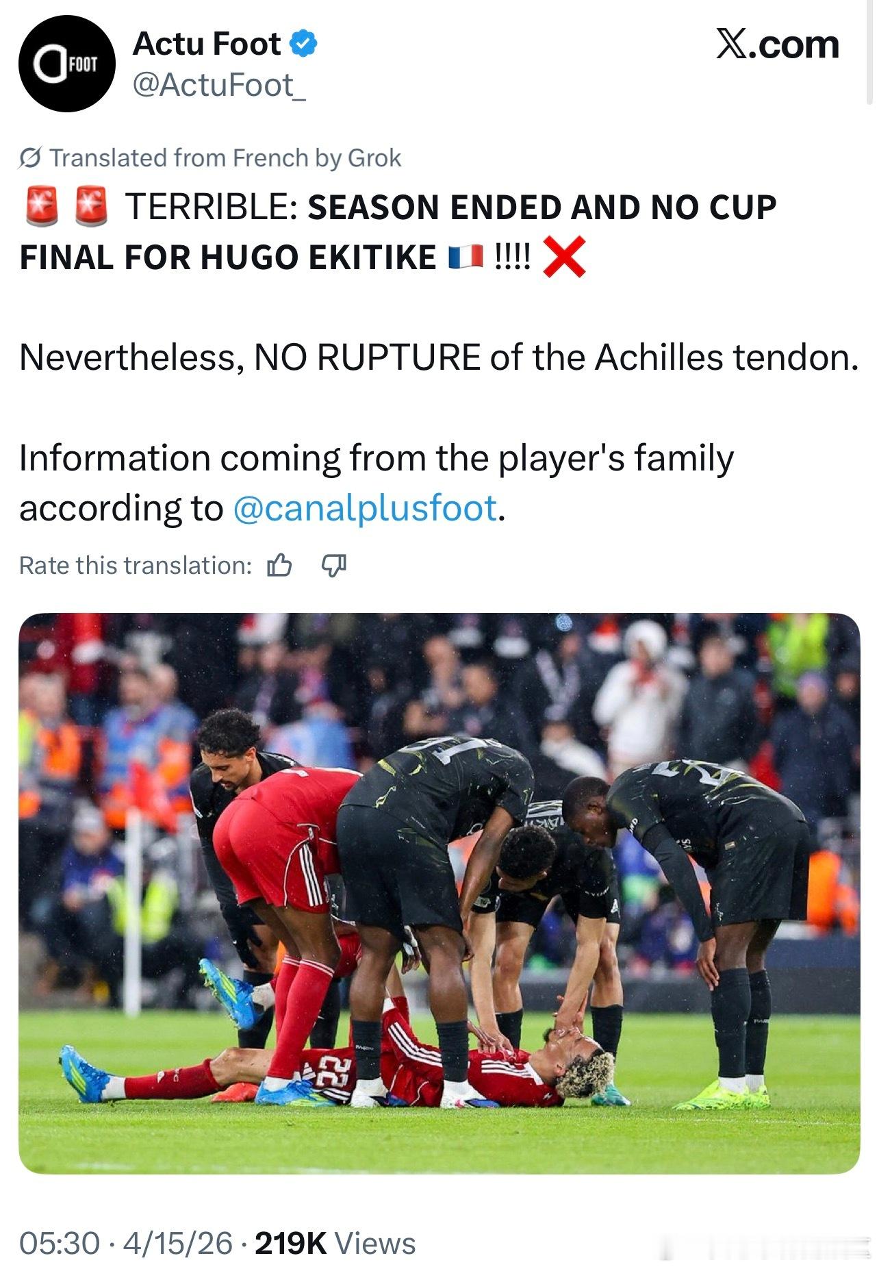 法国媒体说从球员家里人那边拿到了消息，埃基蒂克的赛季报销，包括世界杯也无了。但球