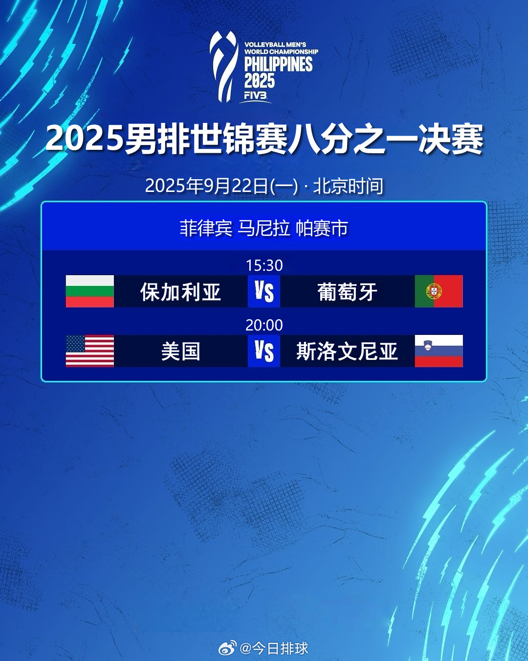 2025男排世锦赛 八分之一决赛今日赛程（北京时间）：9月22日（一）15:30