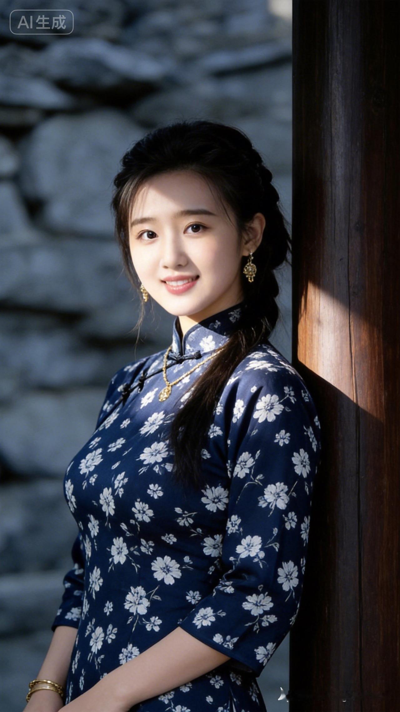 古风少女倚木而立，花影摇曳间，尽显温婉柔美。