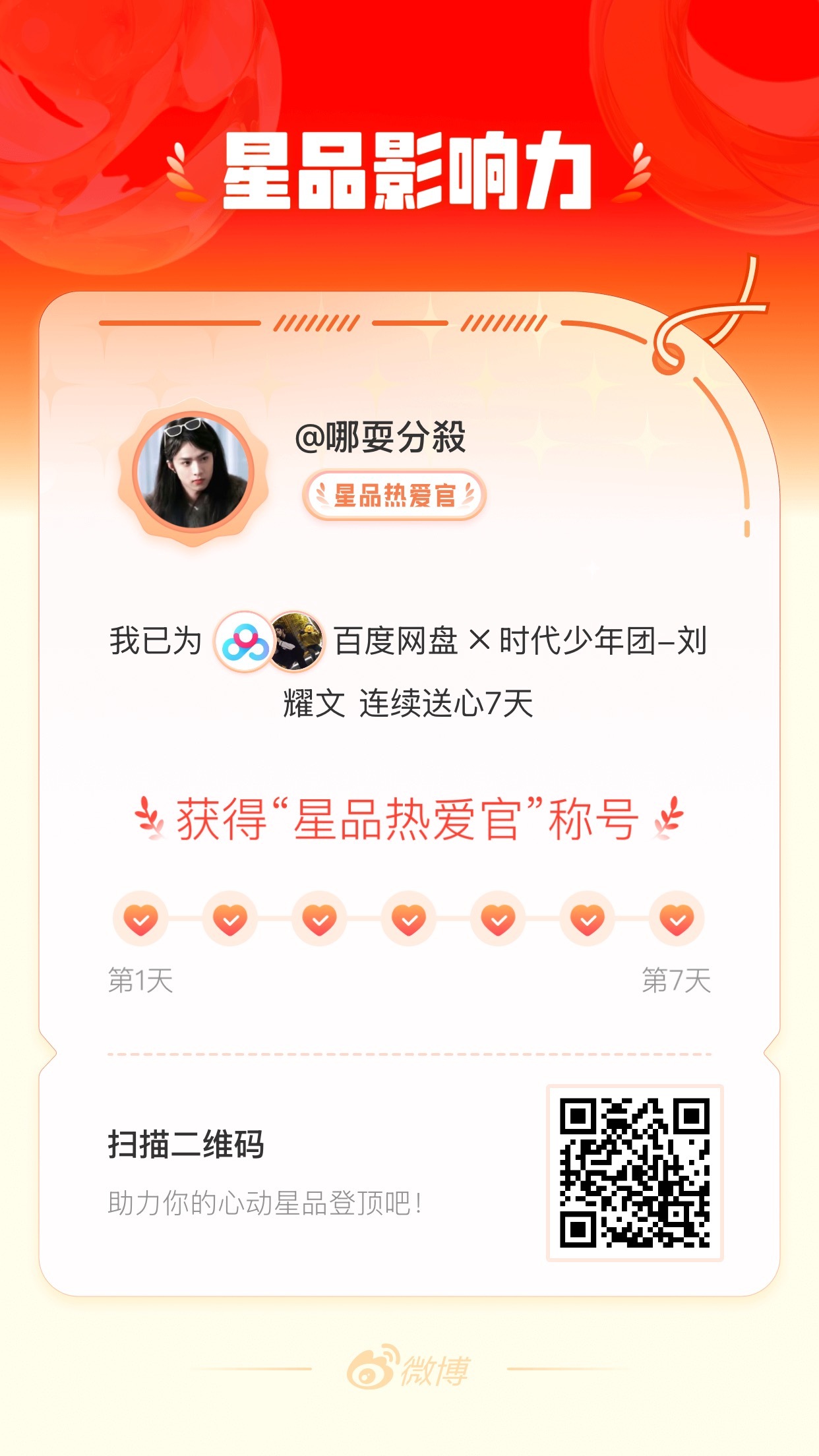 我在星品影响力上为 X 连续送心7天，获得“星品热爱官”称号！快来一起pick你