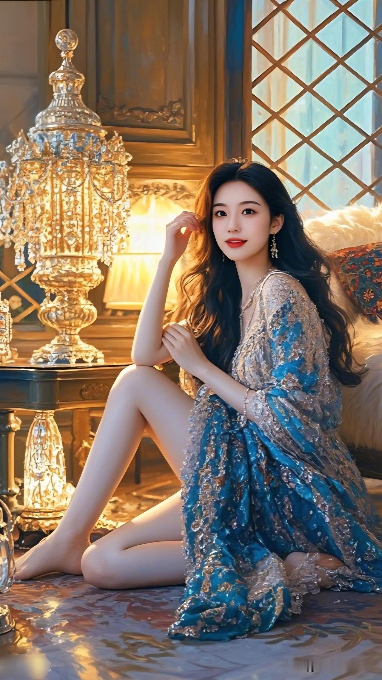 月华如练，美人如画。共享美人靓照 优雅蓝裙，奢华宫廷风，美轮美奂的少女时光