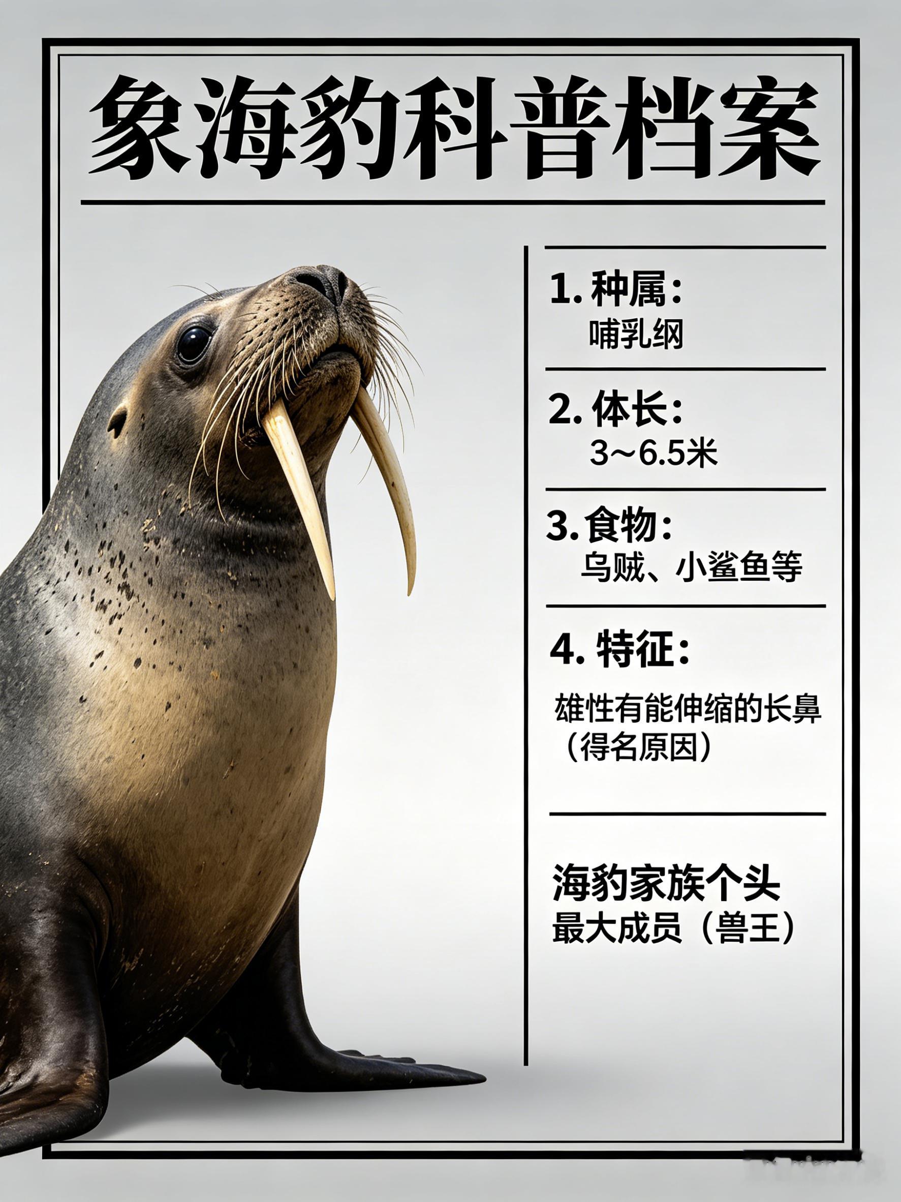 海洋朋友圈 象海豹海洋档案种　属：哺乳纲体　长：3～6.5米食　物：乌贼、小鲨鱼