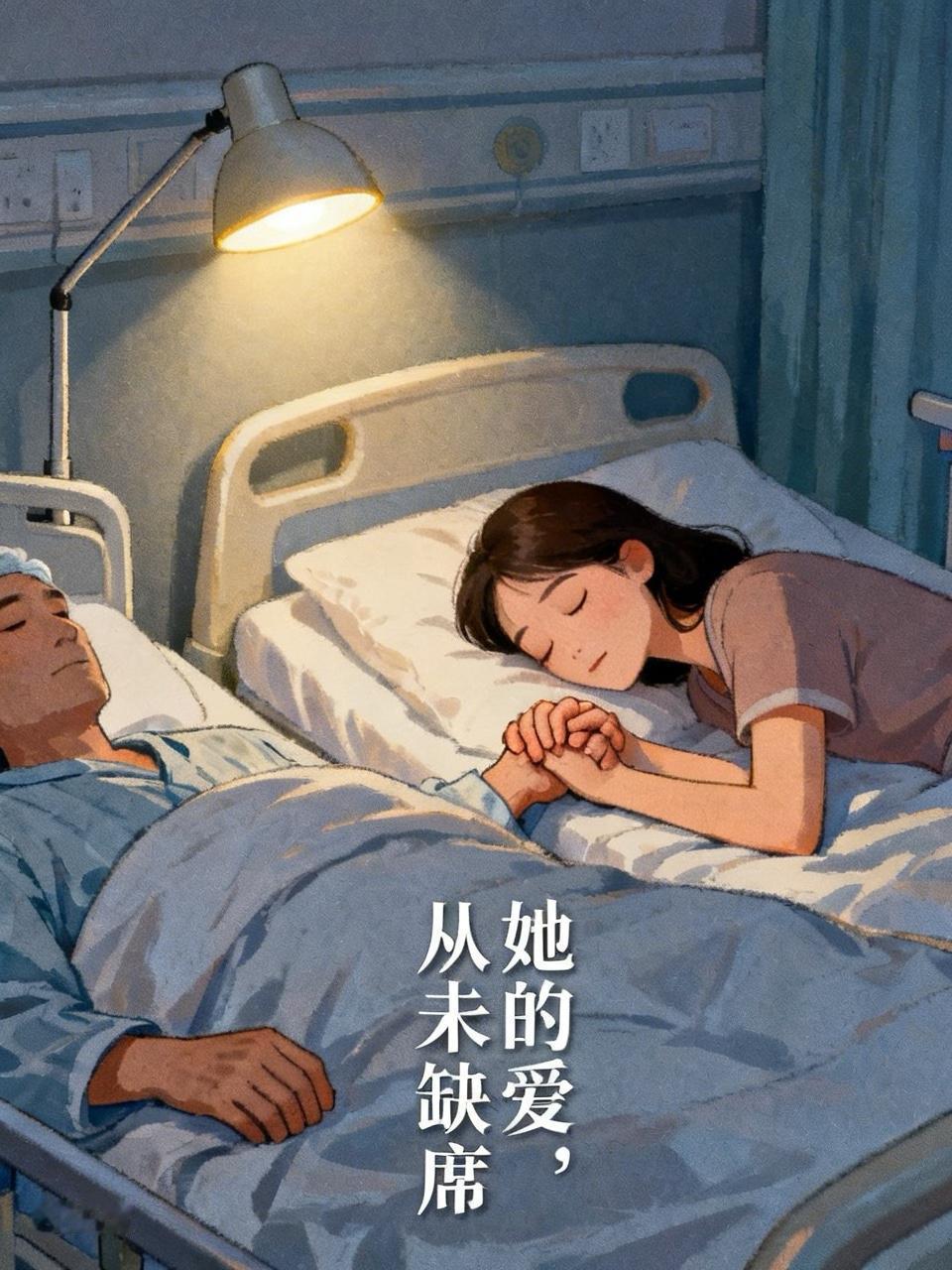 病床前那盏灯没灭过。她趴在床沿打盹，手还攥着你的指尖，像怕你突然溜走。

邻床说