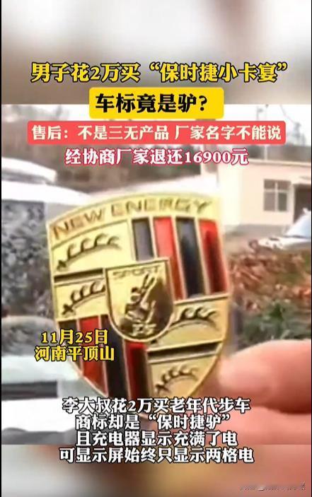 河南平顶山，大叔花2万元买了一辆“保时捷小卡宴”，谁知车辆到手后，发现车标竟是个