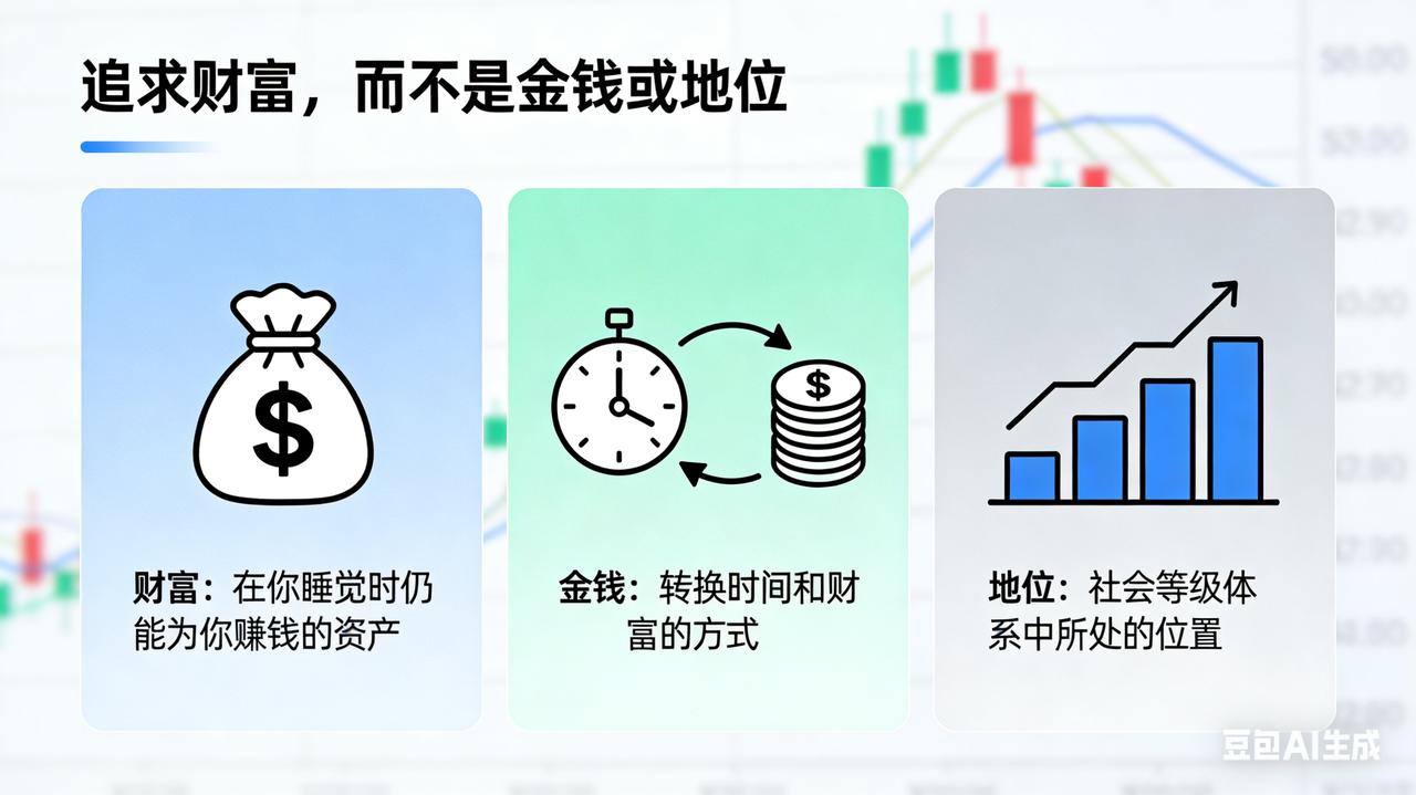 追求财富，而不是金钱或地位
财富是指在你睡觉时仍能为你赚钱的资产
金钱是我们转换