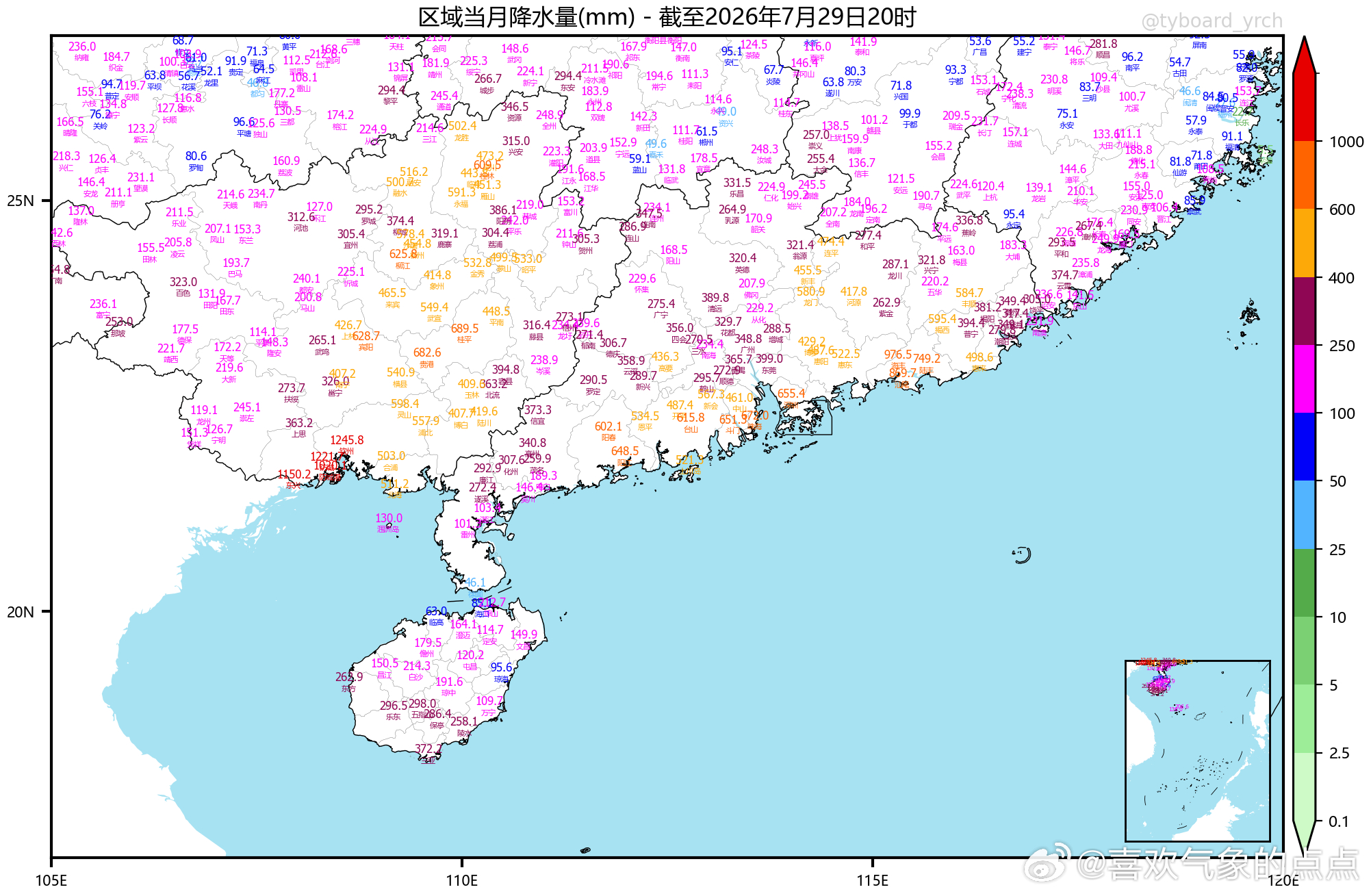 广西天气2026年7月1-29日，广西各地降水量115～1257毫米，与常年同期