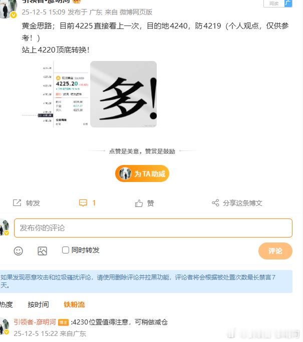 黄金4225多剩余部分继续拿着，周五这种波动很正常耐心等待就好！金价黄金
