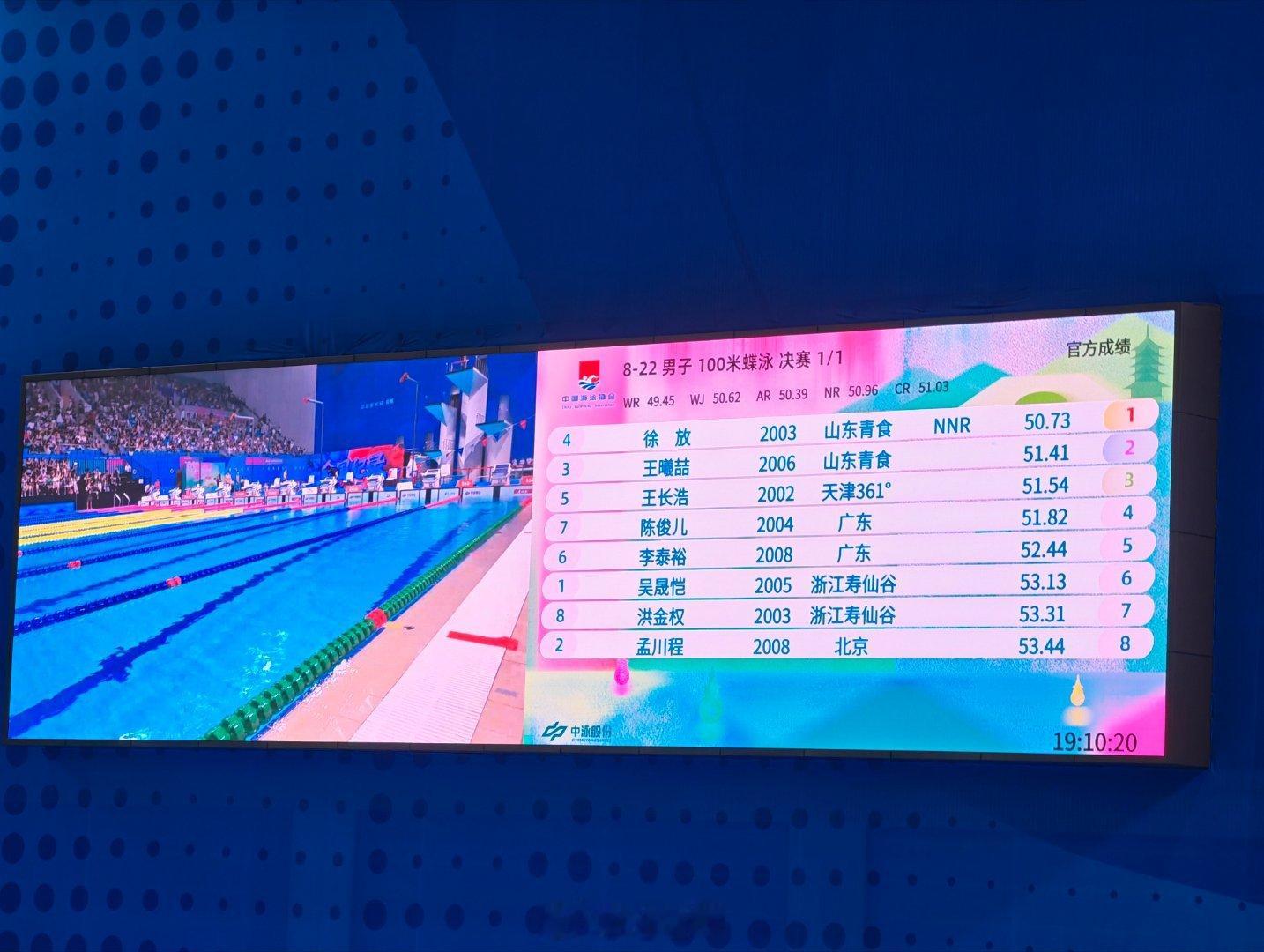 2026年全国游泳冠军赛 男100蝶决赛徐放 50.73 NR王曦喆 51.41