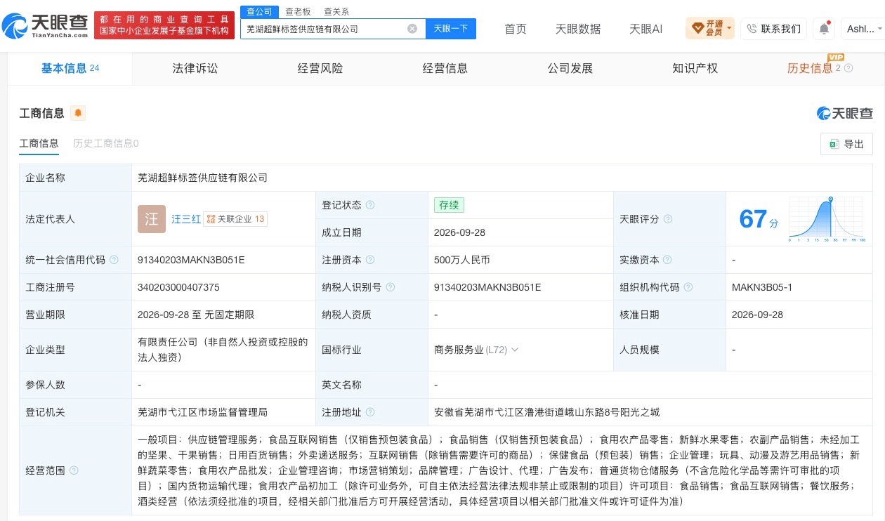 【三只松鼠投资成立超鲜标签供应链公司 含新鲜水果零售等业务】财报研究社Pro讯，