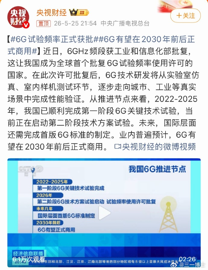 6G试验频率正式获批6G有望在2030年前后正式商用拿到试验频率背后的意义是，中