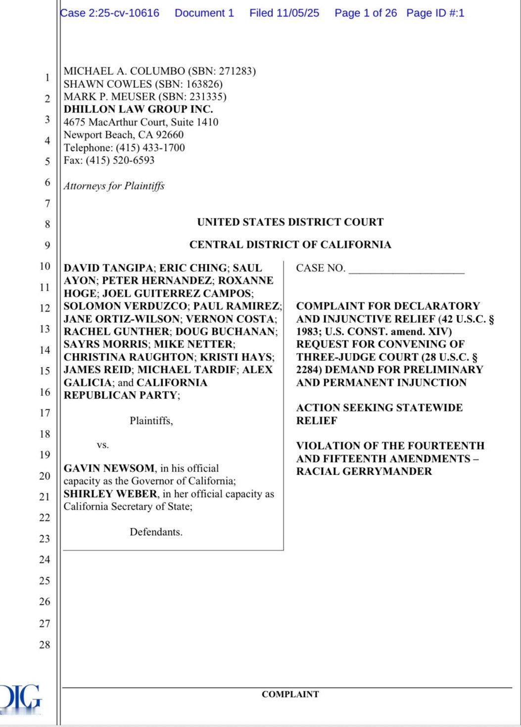 突发新闻：迪隆律师事务所就50号提案违反第14、15修正案（种族杰利蝾螈）起诉加
