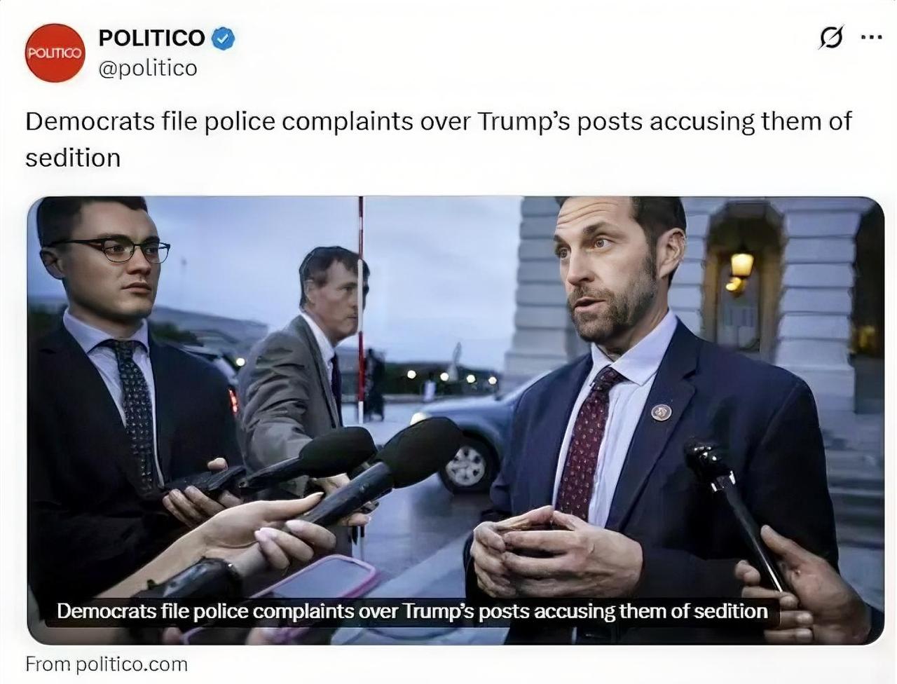 数位国会民主党议员就特朗普总统在Truth Social上发布的威胁言论向警方报