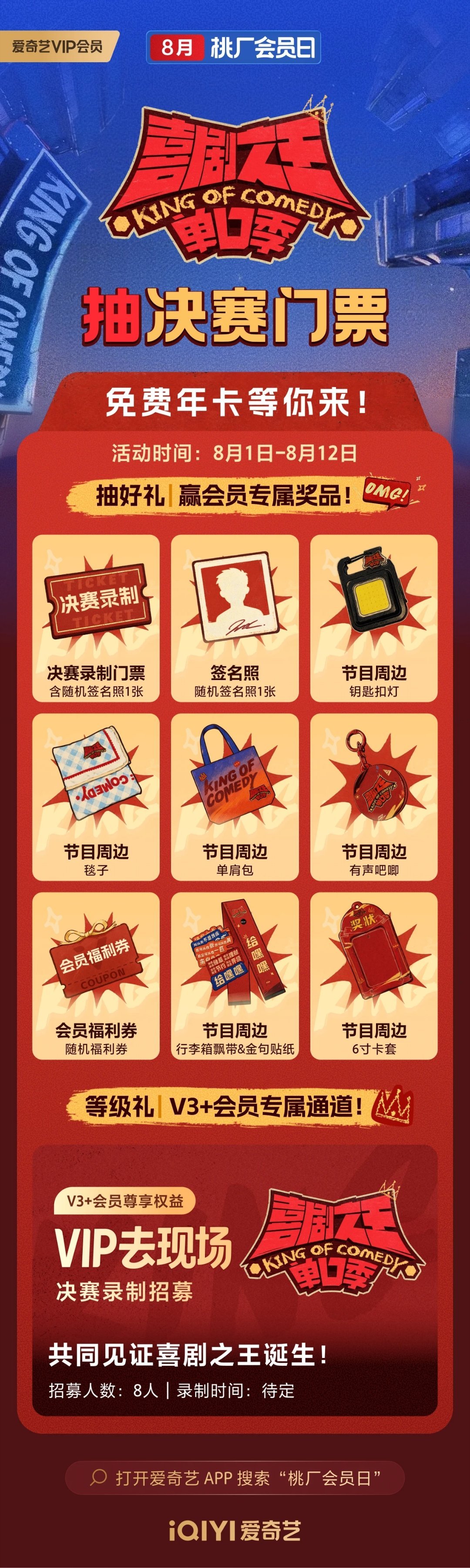 爱奇艺8月桃厂会员日福利覆盖全等级会员，日常抽奖覆盖全员高等级会员还有专属通道，