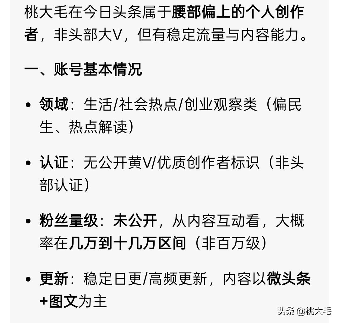 我问豆包，桃大毛在今日头条属于什么水平，豆包的回答让我喜出望外。

它说我是腰部