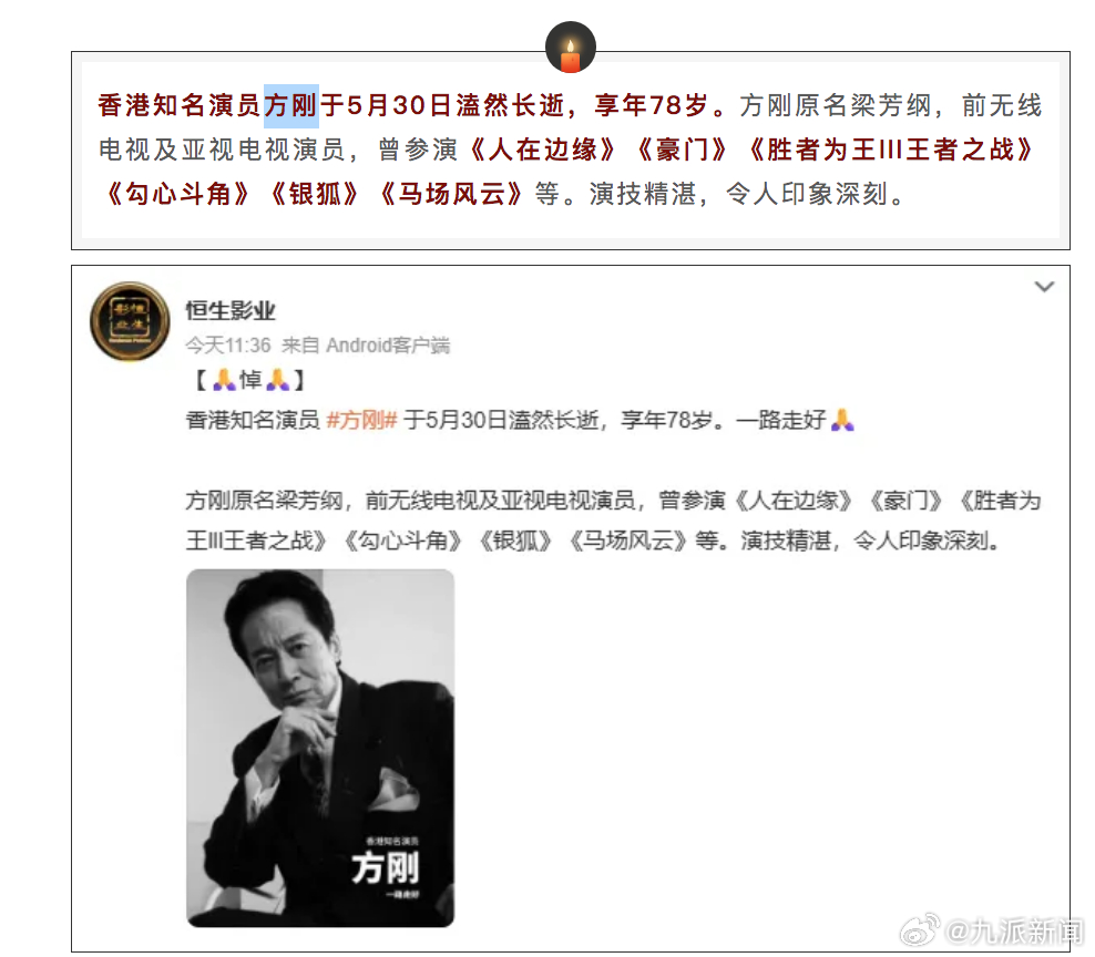 #香港演员方刚去世#【#方刚去世#】香港知名演员方刚于5月30日溘然长逝，享年7