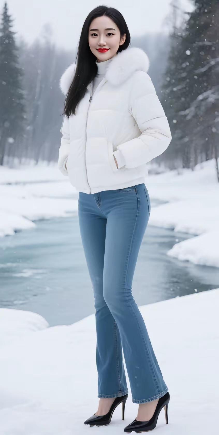 冬日生活打卡季 冬日雪景下的时尚穿搭，白色羽绒服搭配蓝色牛仔裤和高跟鞋，尽显优雅