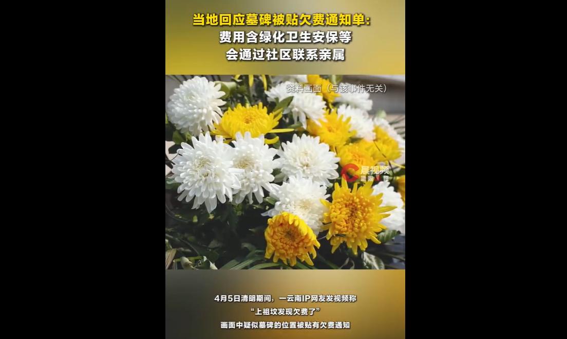 清明期间，云南一网友上坟时发现祖坟墓碑被昆明金宝山艺术园林贴了无公章欠费通知单，