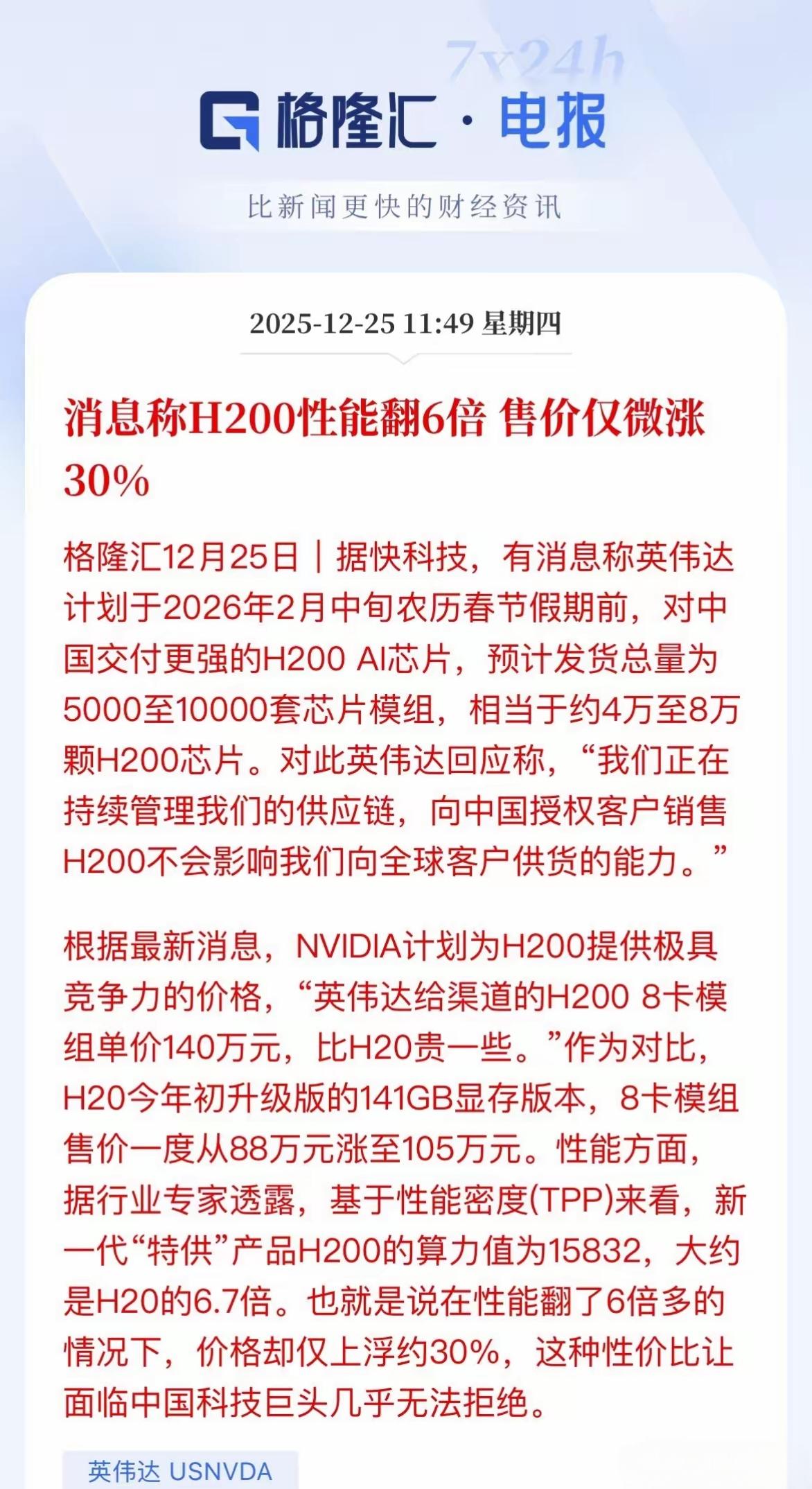有消息称，h200的芯片性能翻了六倍，但是售价涨了30%，想卖给中国，现在涨了价