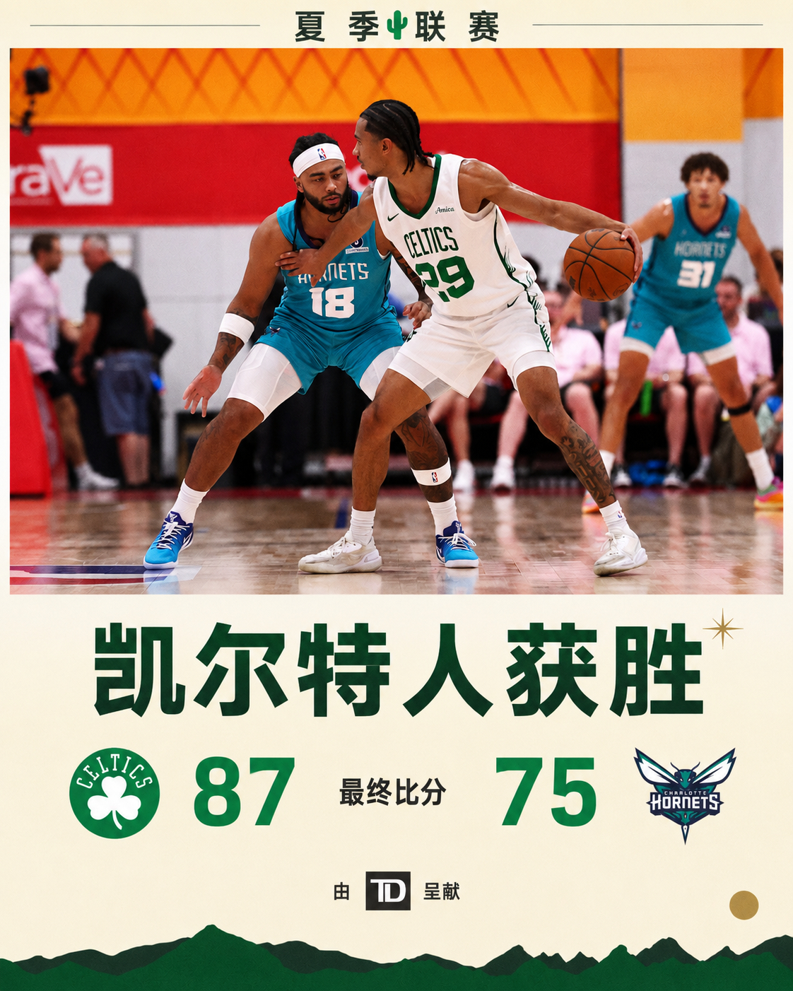 比赛结束 我们87比75 战胜黄蜂队 迎来夏季联赛第二胜！波士顿凯尔特人丨Dif