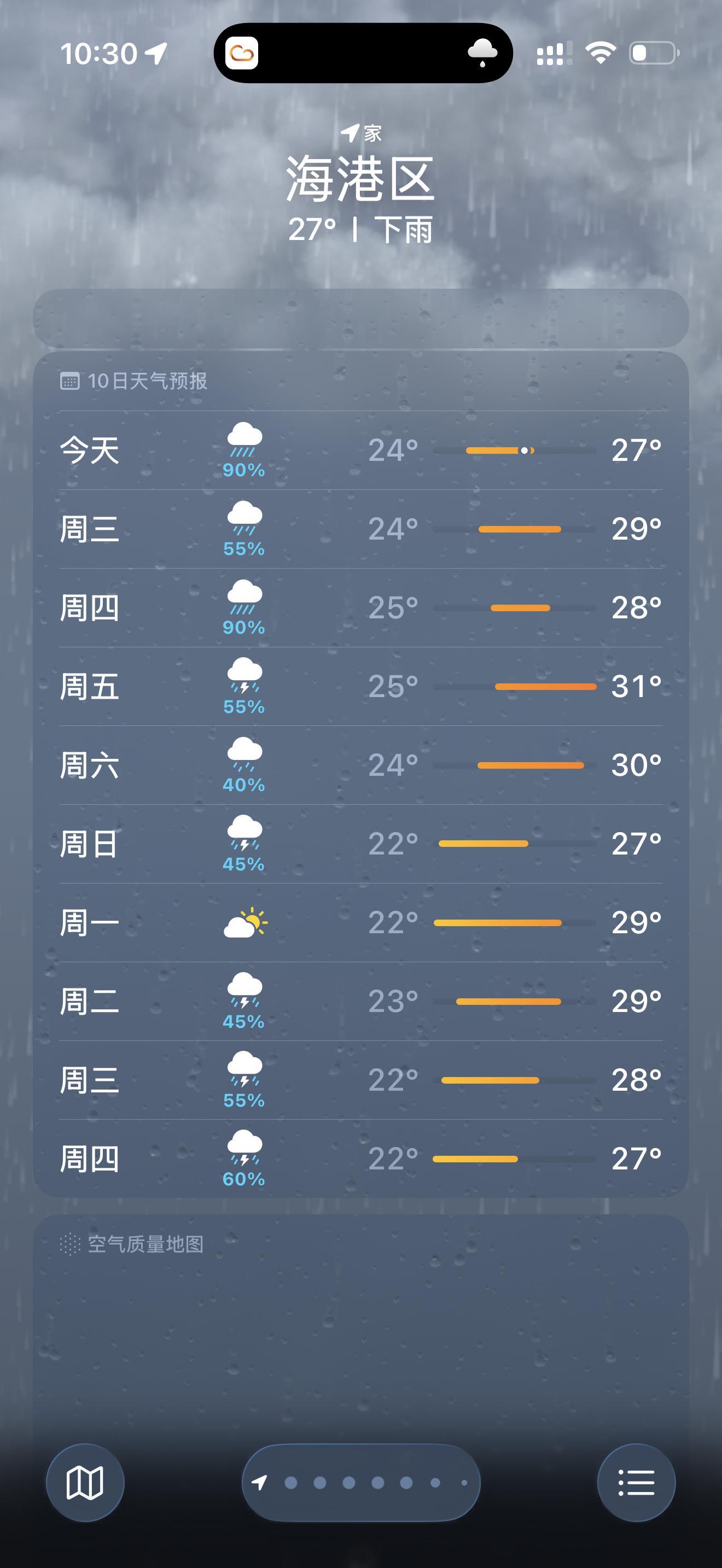 接下来的一周都是雨天了，可算能凉快点了。我挺喜欢下雨天的，尤其在睡觉时候，听着雨