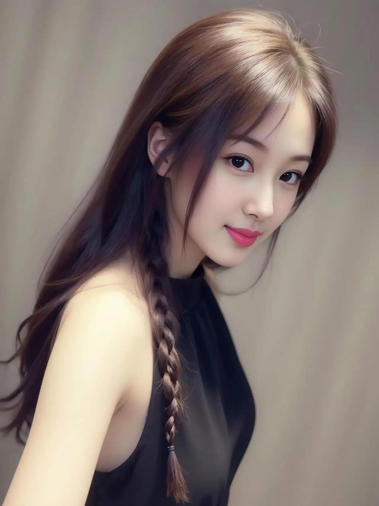 温柔甜美的少女，黑发编辫，微笑动人。