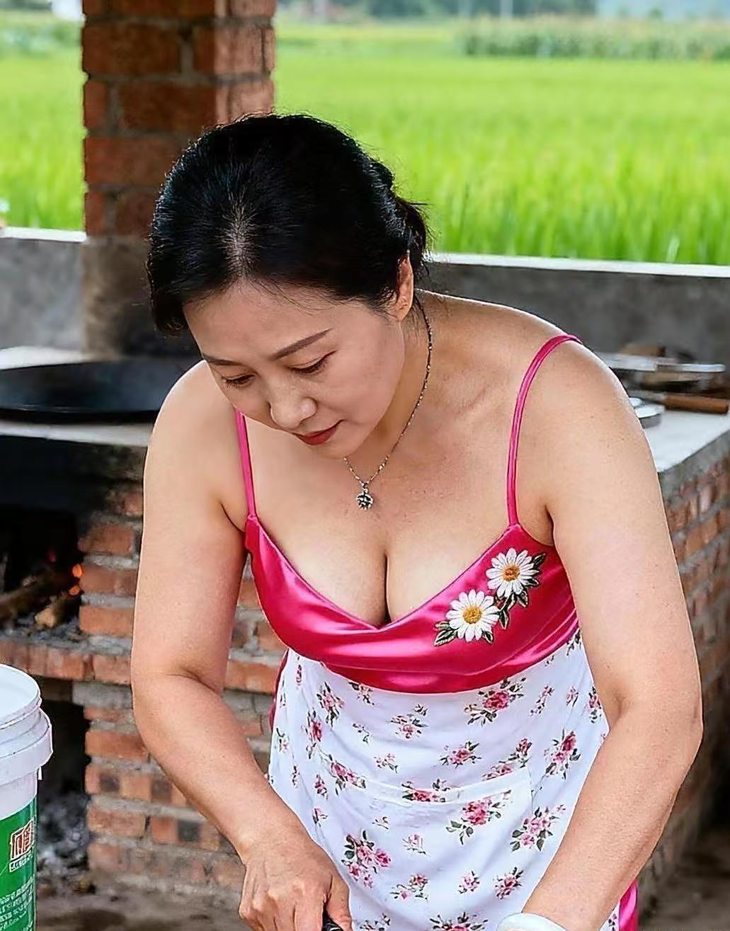 村头灶房里，她系着花围裙，内搭缎面小背心，认真做饭的模样超赞——烟火气混着柔媚劲