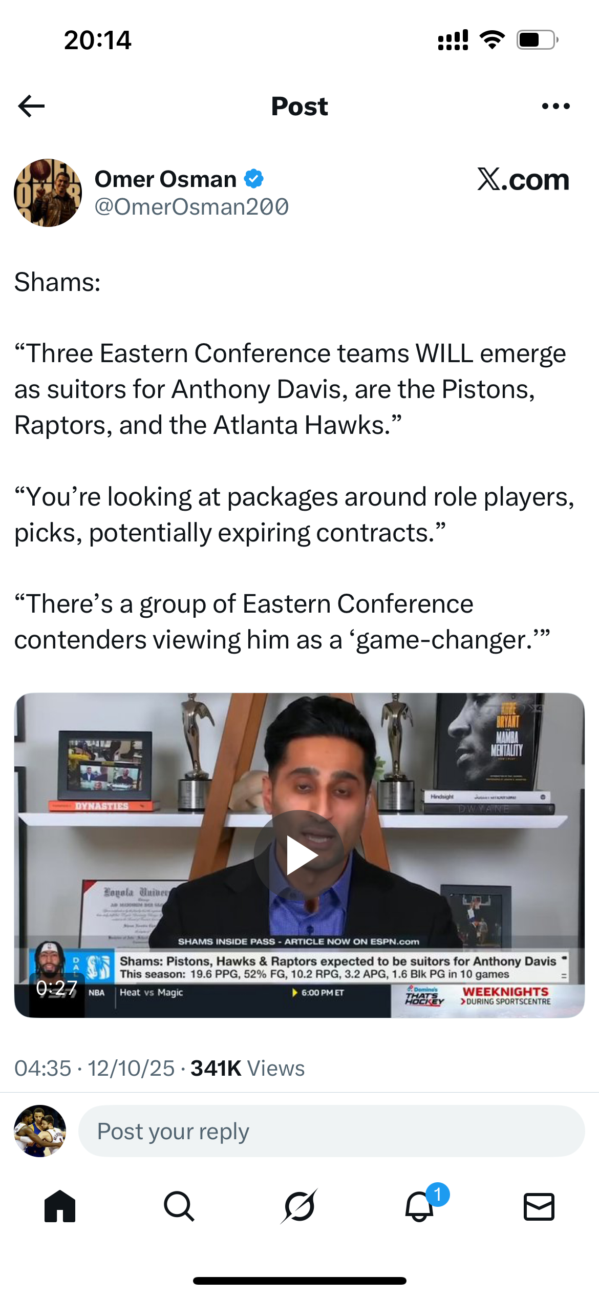 Shams：“三支东部联盟的球队将成为安东尼·戴维斯的追求者，它们是活塞队、猛龙