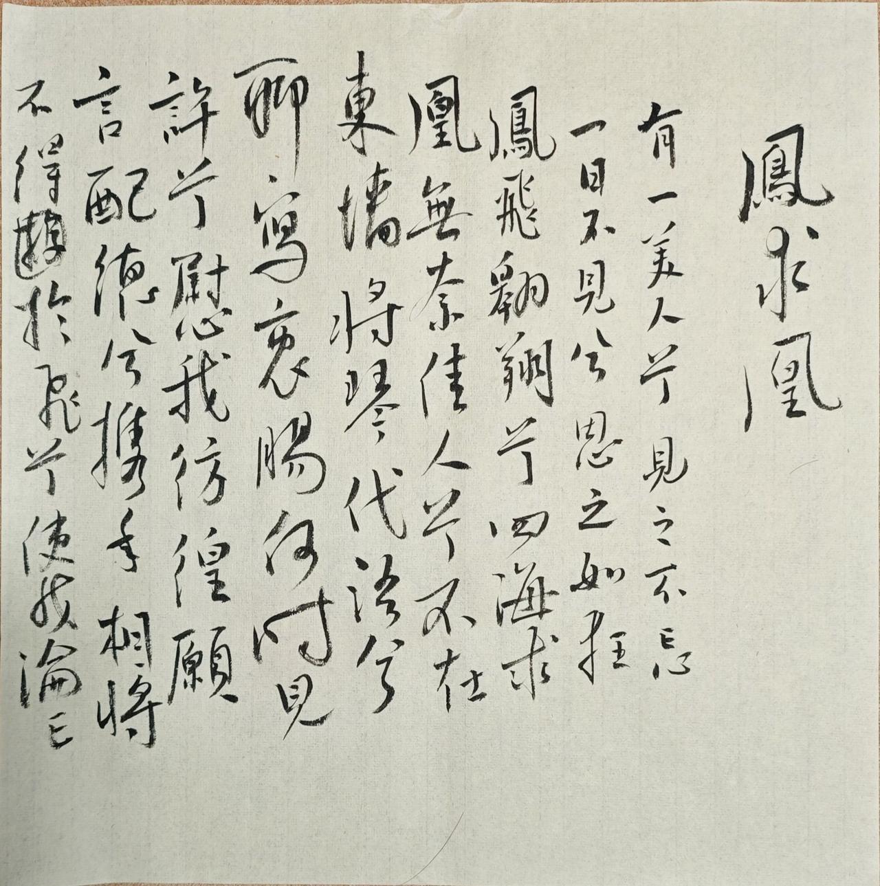 有一美人兮，见之不忘。
一日不见兮，思之如狂。
凤飞翱翔兮，四海求凰。
无奈佳人