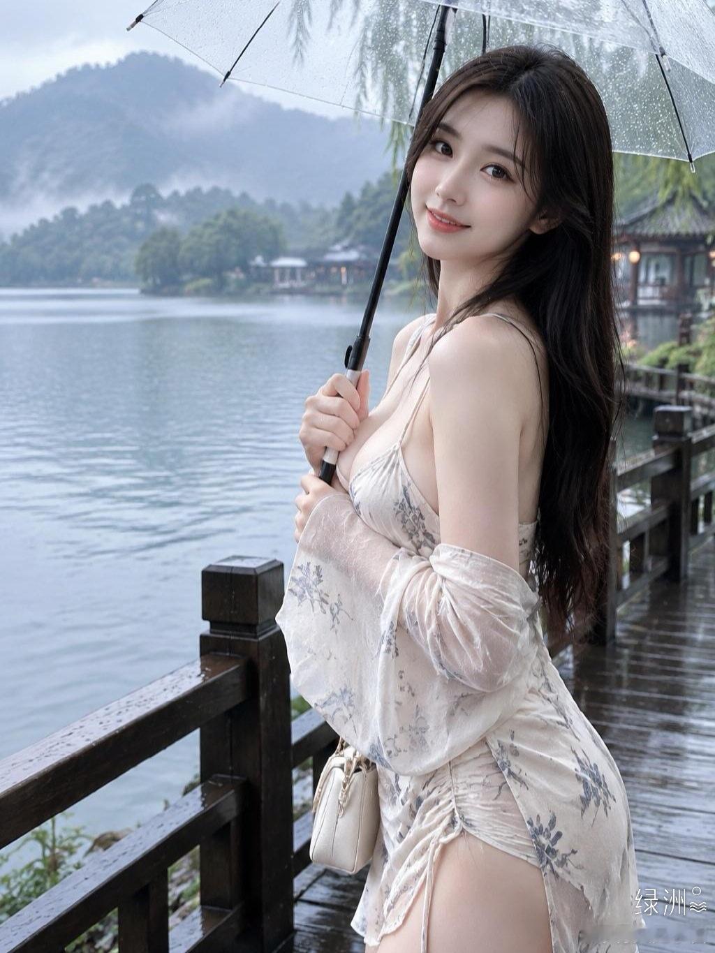美景如画 雨落湖岸，撑伞在临湖栈道驻足，远山如黛水色清透似画，慢淌的时光浸着软融