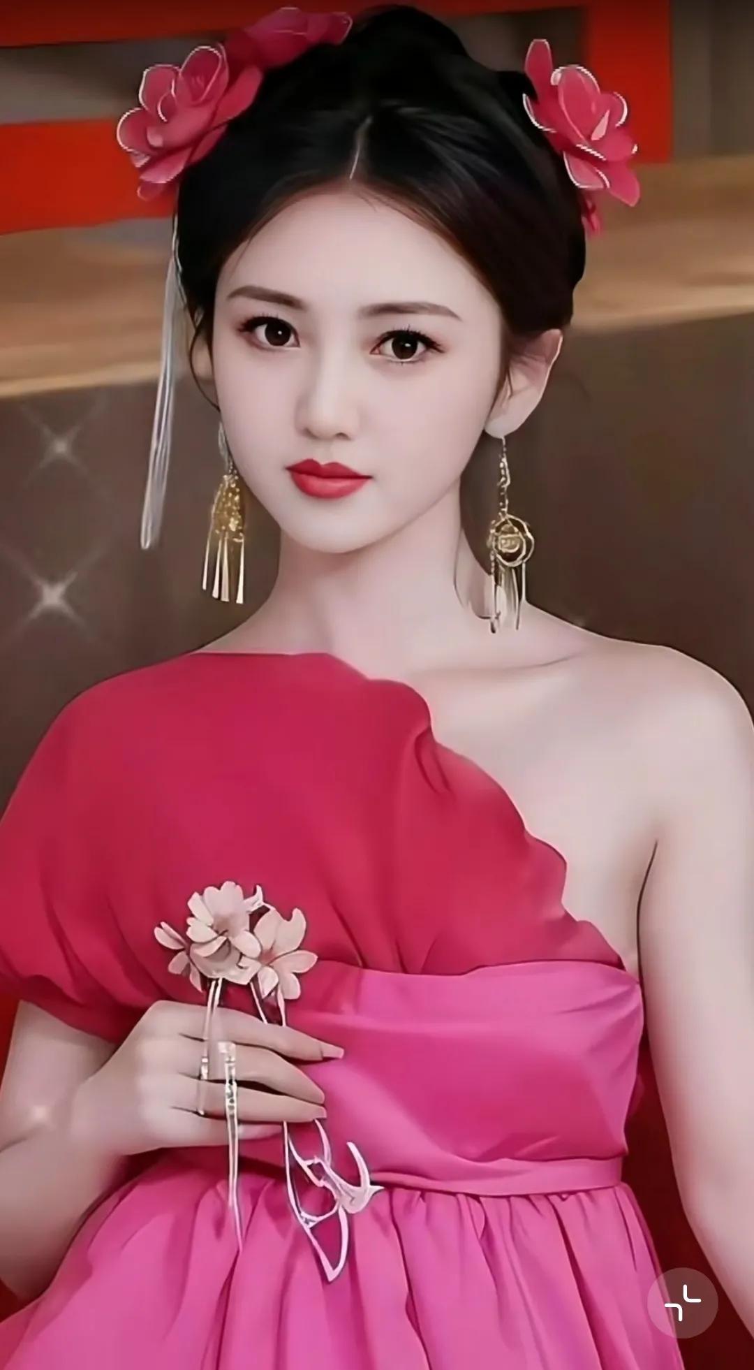 红衣美人，花簪映春光。景美人美难长留 姿娇容艳笑容甜 闭月羞花美如仙