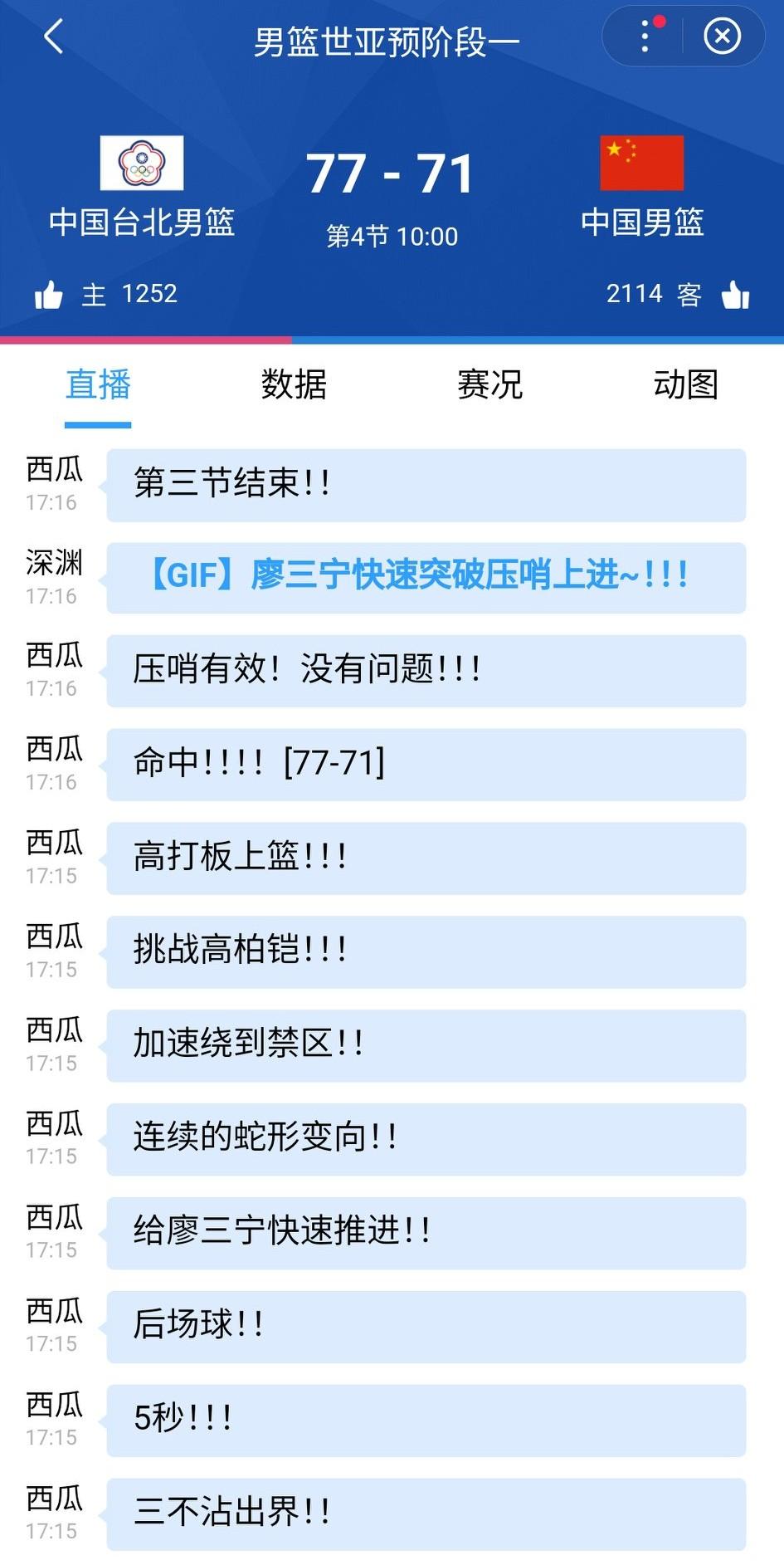 廖三宁压哨上篮，我们三节71-77落后。有点难受，感觉咱们顶不住，不过两岸一家亲