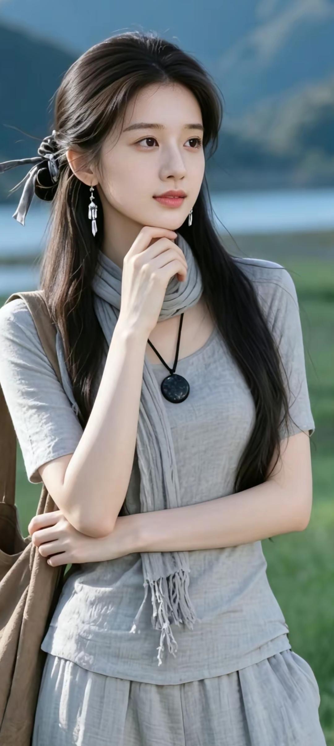 少女在湖边沉思，自然风光中的宁静时刻。