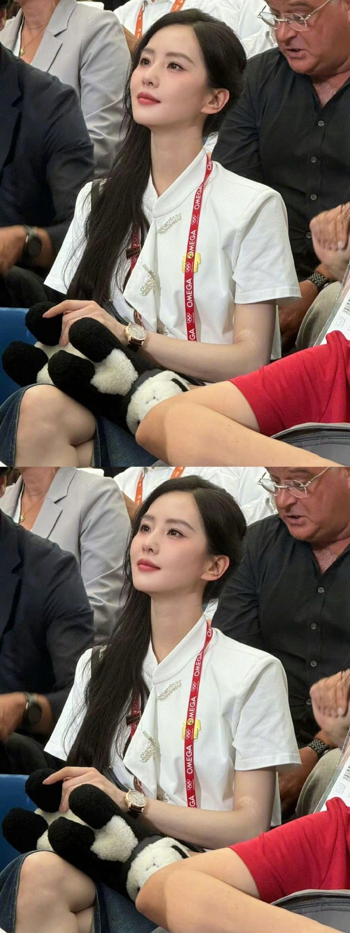 #刘诗诗穿新中式看击剑#刘诗诗在奥运会击剑比赛现场气质美人，人群中美的好突出[憧