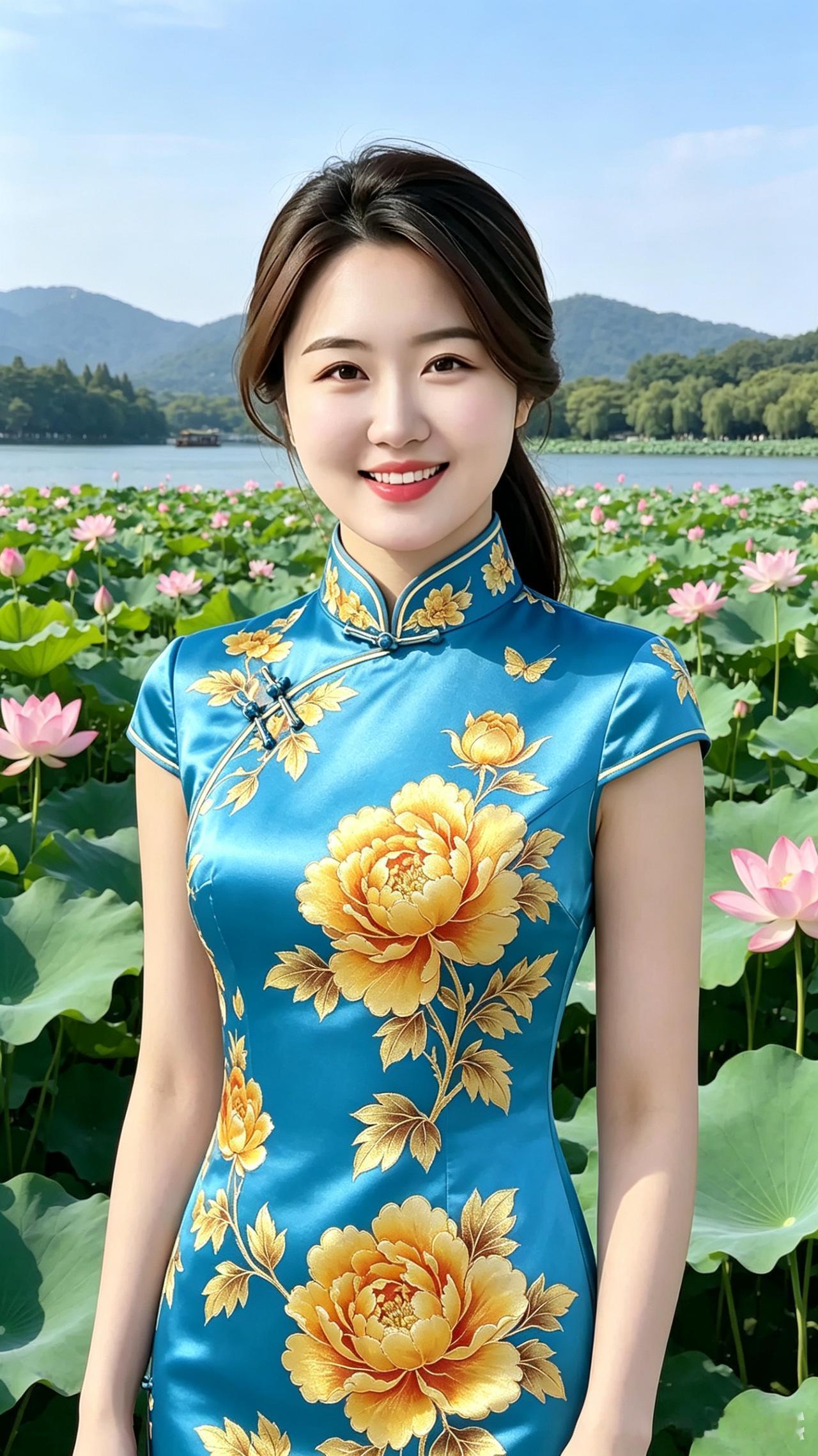 西湖美女顺口溜（邀续尾）
佳人伫立西湖畔
蓝衫绣就金牡丹
身姿婀娜惹人赞
笑靥盈