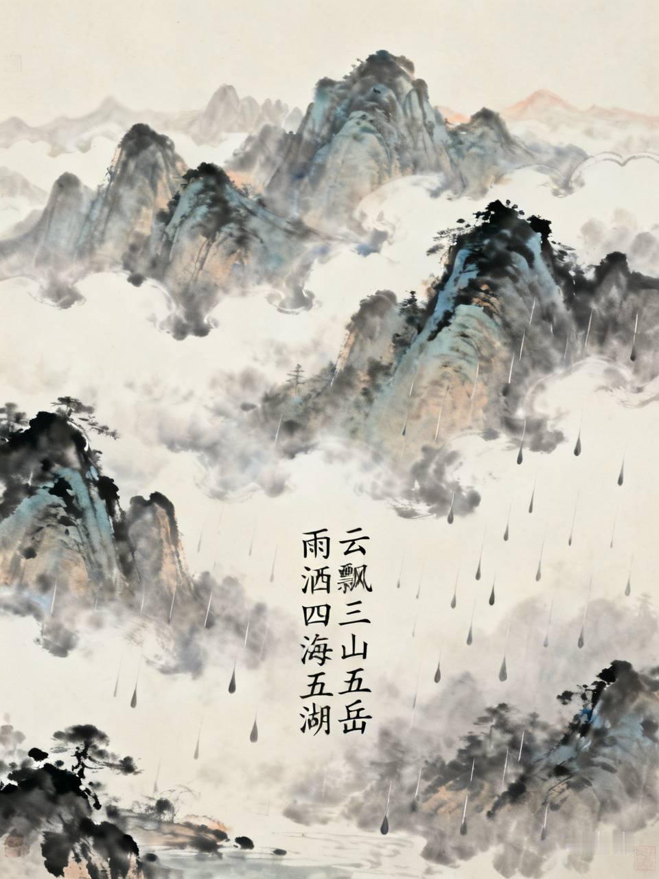 下联：雨洒四海五湖。