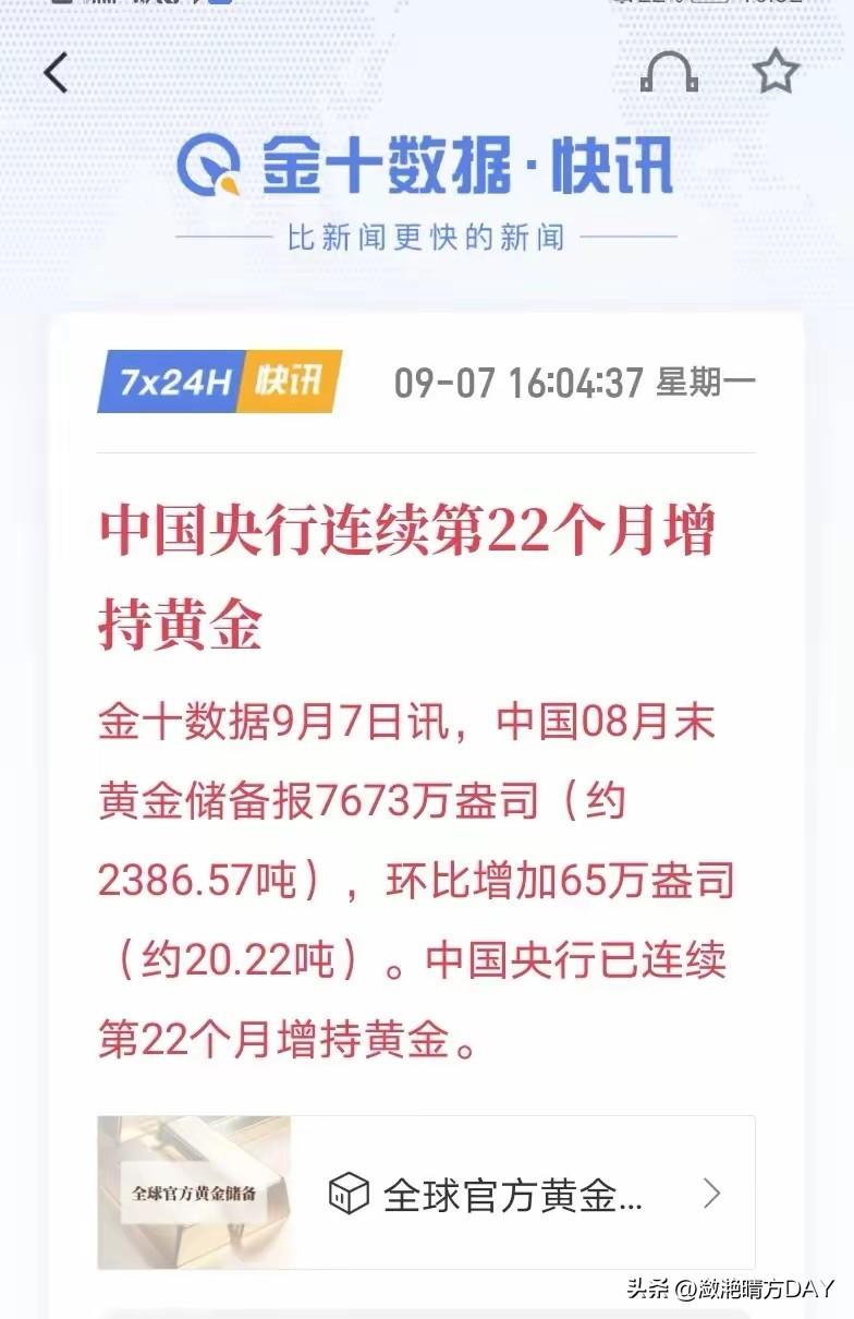 央妈已经连续第22个月增持黄金储备，8月份增持20.22吨，当前黄金储备为238