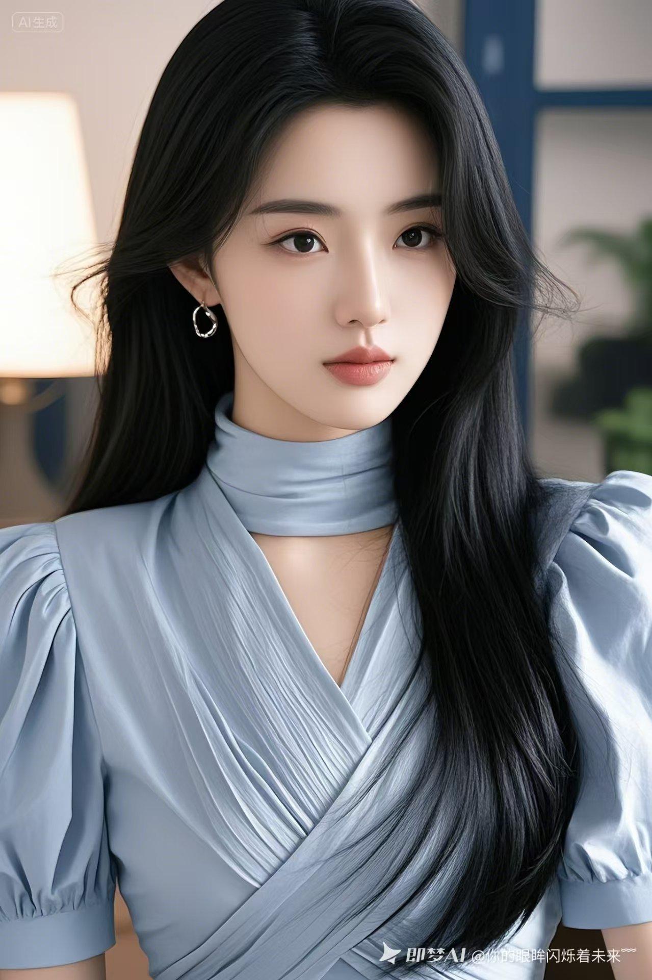 清澈眼眸盛满星际未来微光，一袭浅蓝长裙轻盈舒展，恰似温润海风缓缓漫卷周身。眉眼温