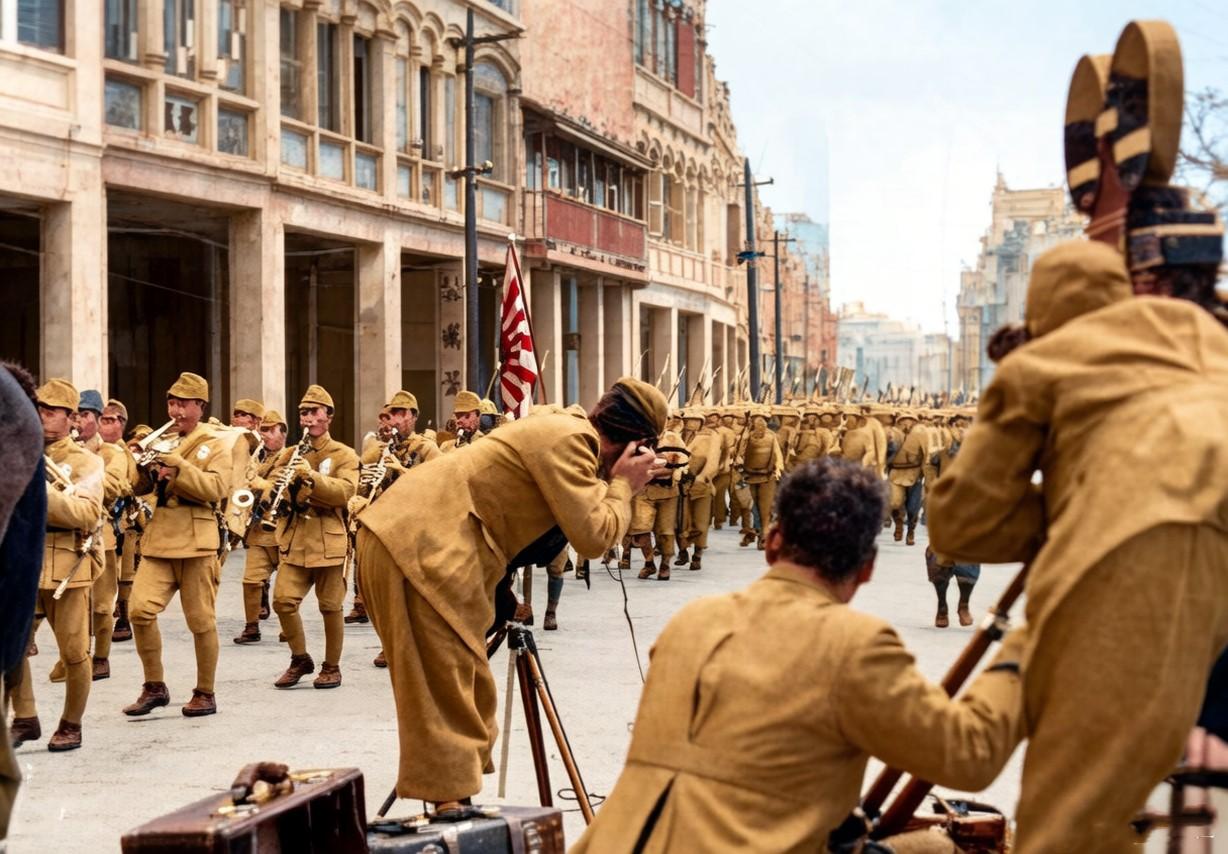 淞沪会战之后，占领上海的鬼子兵举着旭日旗、耀武扬威地通过上海闹市区。

路边的一