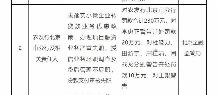 【农发行北京市分行违规操作，北京金融监管局开出 290 万罚单严惩相关责任人】