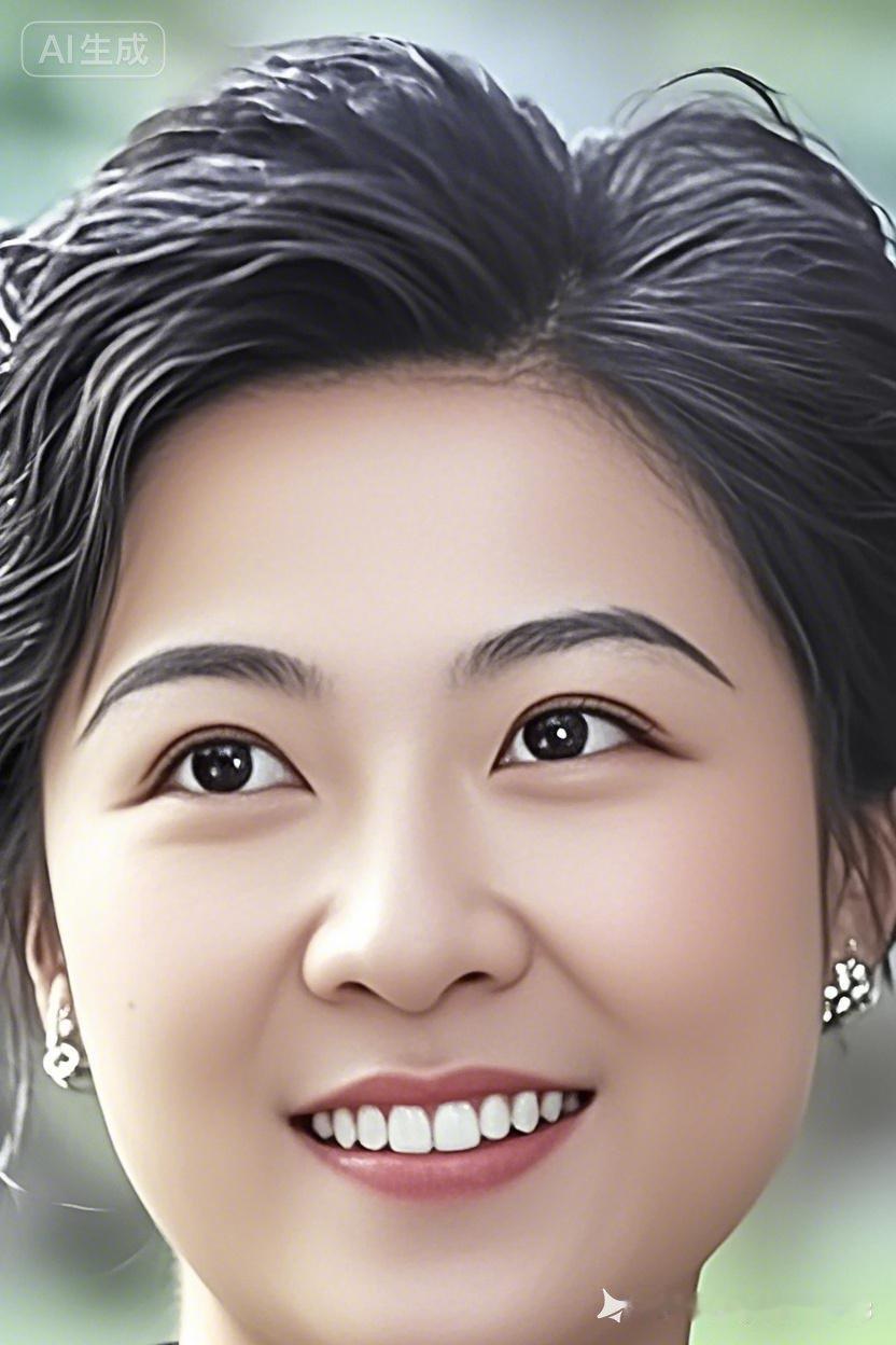 这是一位微笑的女士，耳朵上戴着耳环。