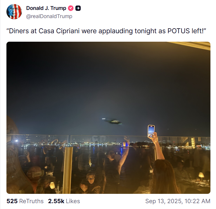 特朗普称，在他乘飞机离开时，Casa Cipriani的用餐者纷纷鼓掌！ ​​​