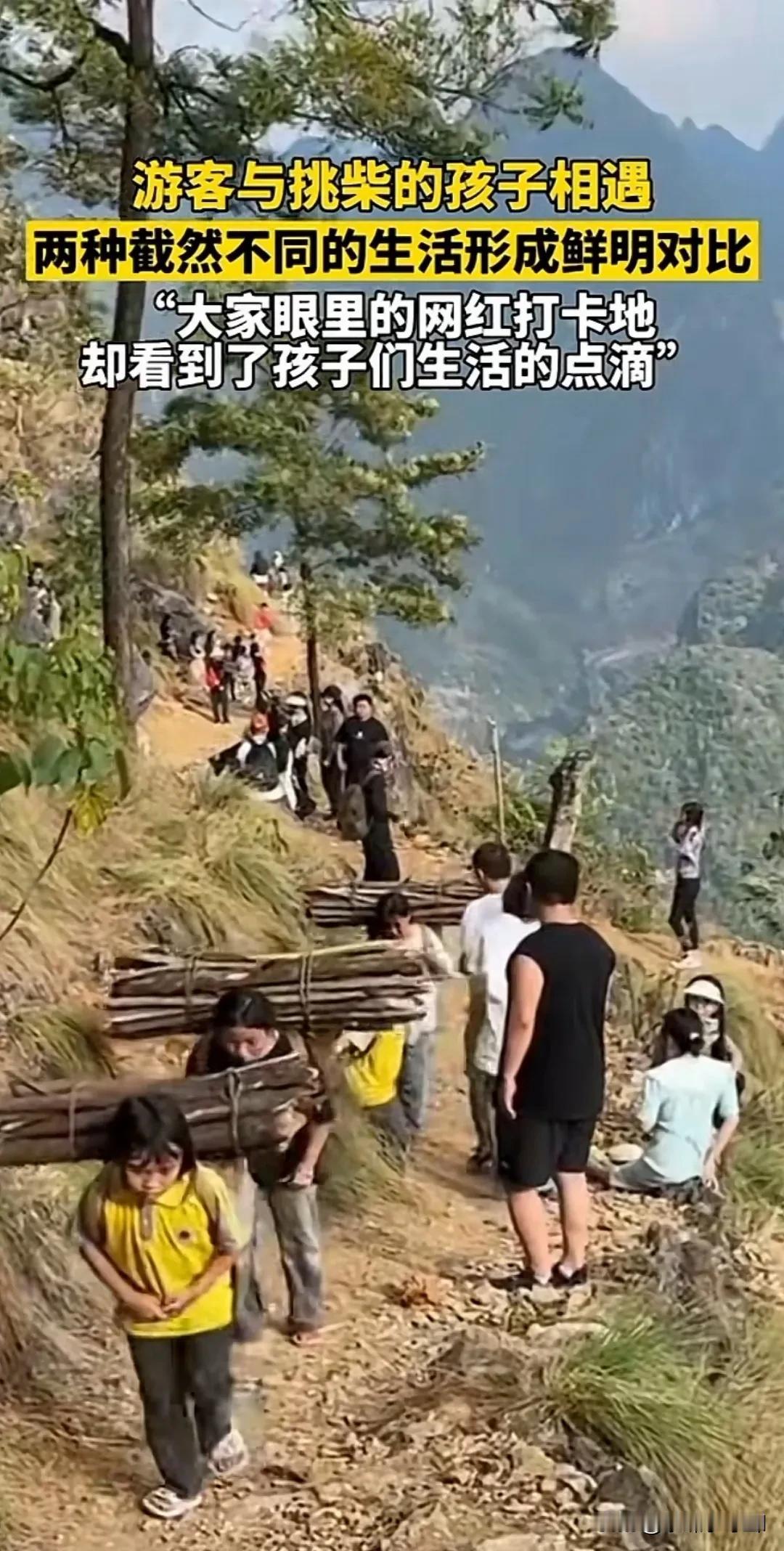 游客与挑柴的孩子相遇，你眼里的网红打卡地，研学地点，却是大山孩子们的生活点滴。两