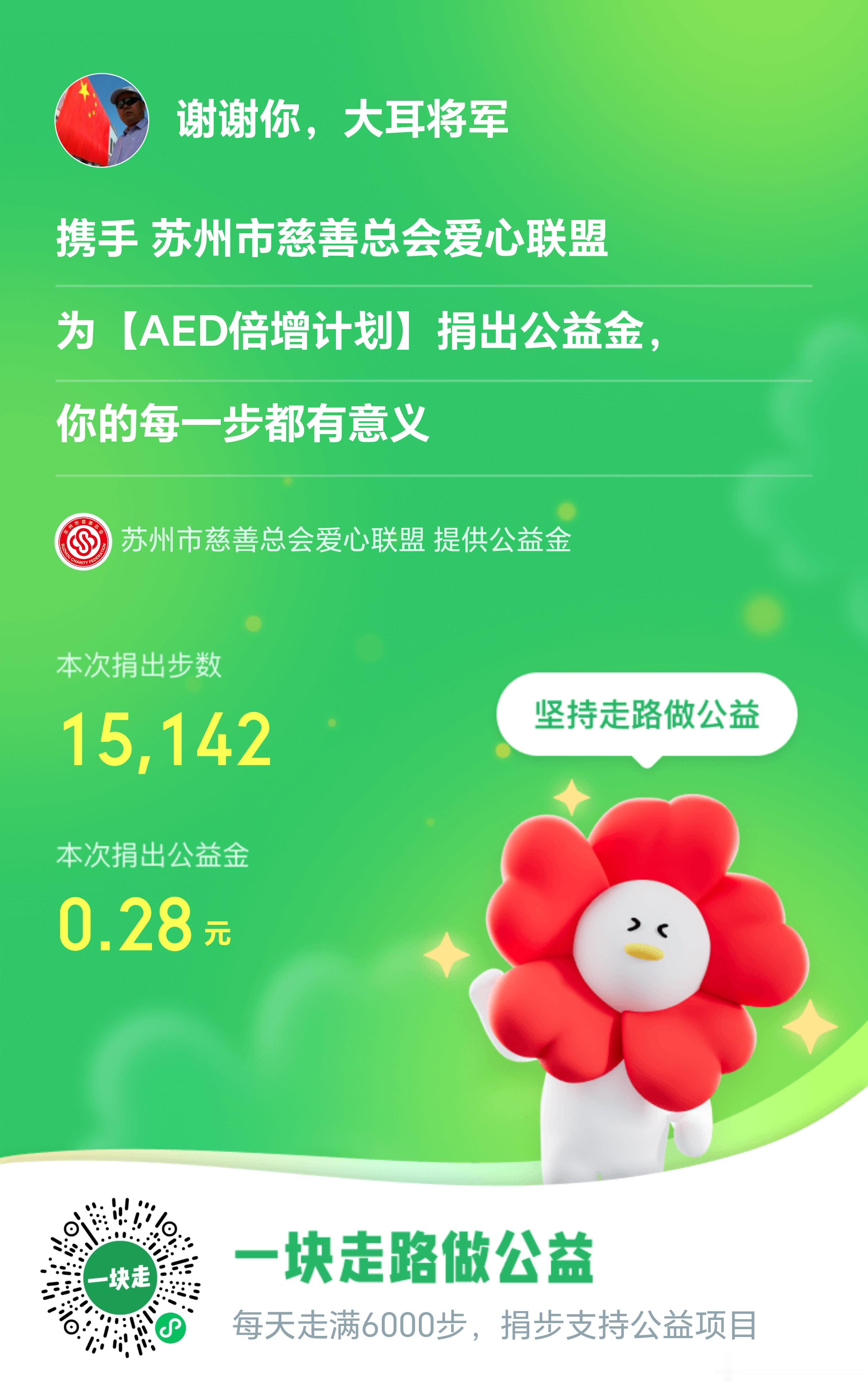 大耳将军单车行[超话] 坚持走路做公益，今天走路1万5千多步，捐出公益金5毛4，