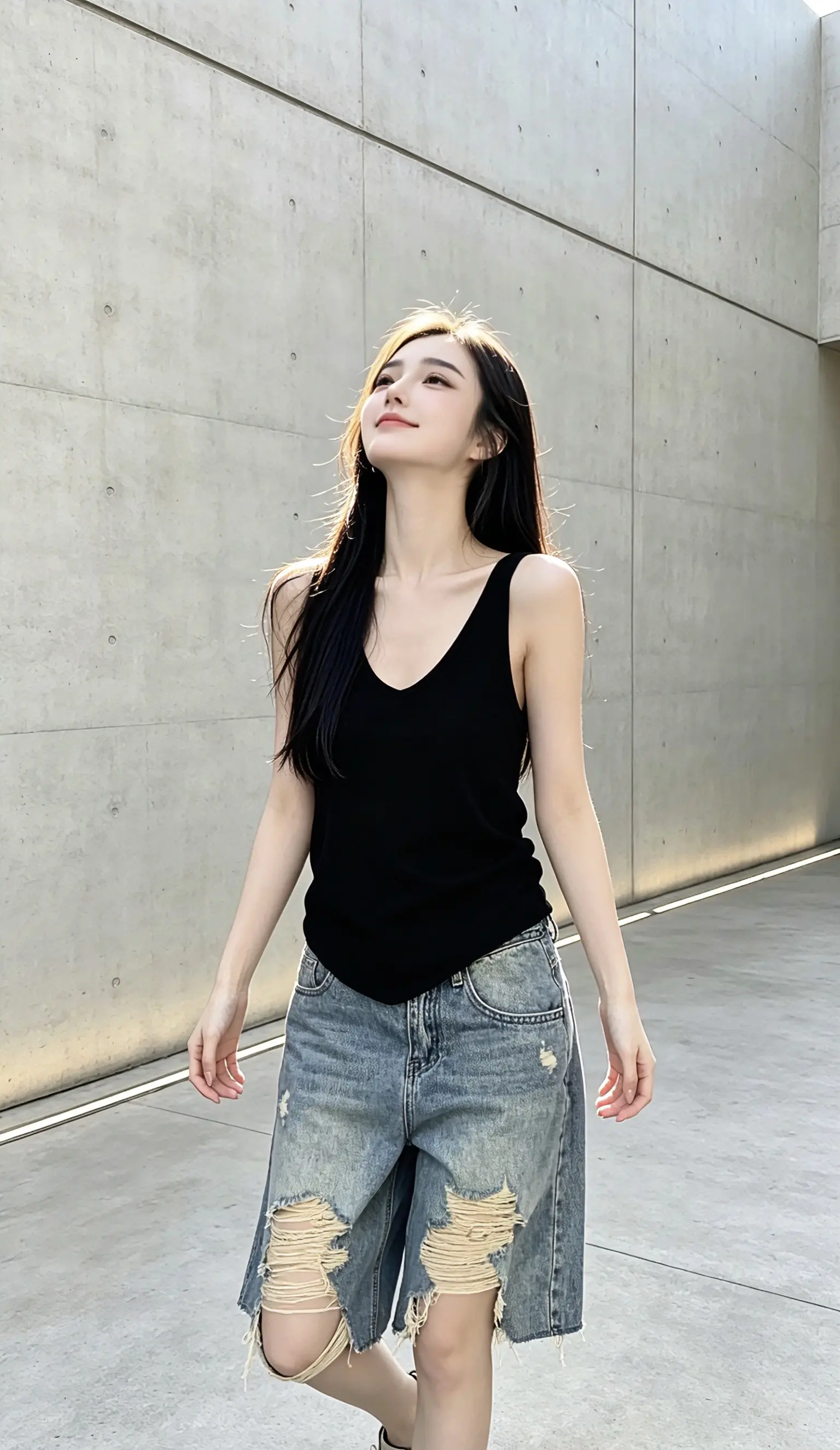 辣妹美背背心 清纯辣妹风 背心套装破洞牛仔短裤夏日穿搭