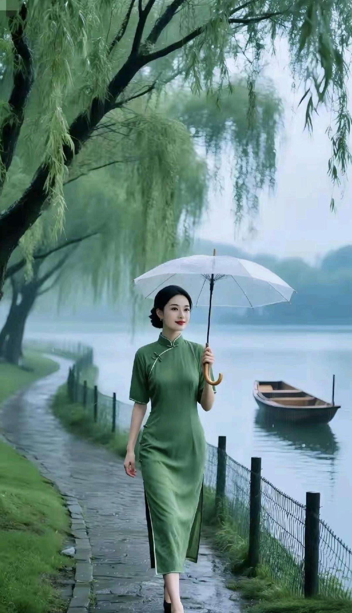 烟雨蒙蒙绿意浓，
小船泊在江水中。
女子撑伞将何往，
…………………………
请你