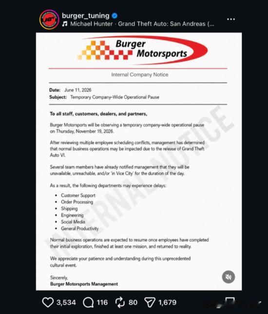 美国汽车改装公司Burger Motorsports近日宣布，将于2026年11