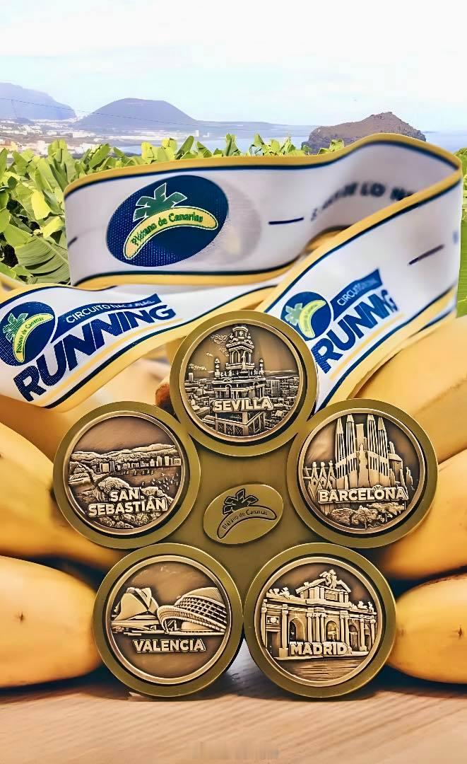 西班牙加纳利群岛香蕉国家赛的奖牌。五站分别是塞维利亚 Sevilla、巴塞罗那 
