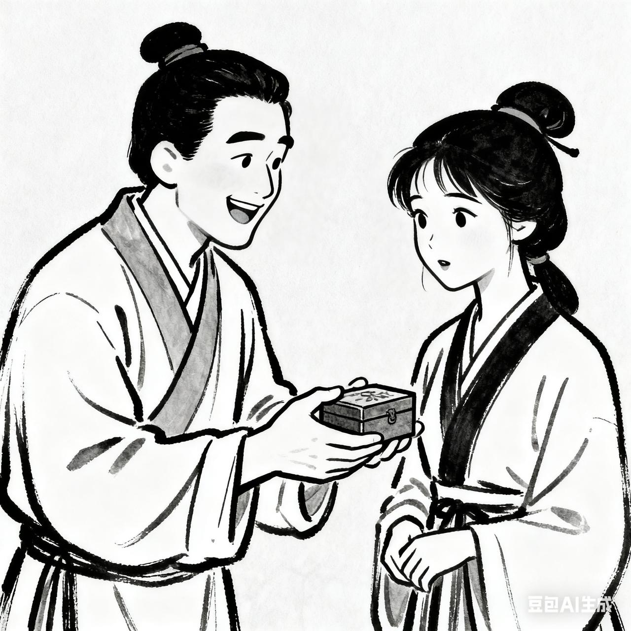 古代夫妻搞笑段子

丈夫做生意回来，递给妻子一个小盒子。

妻子满心期待打开，见